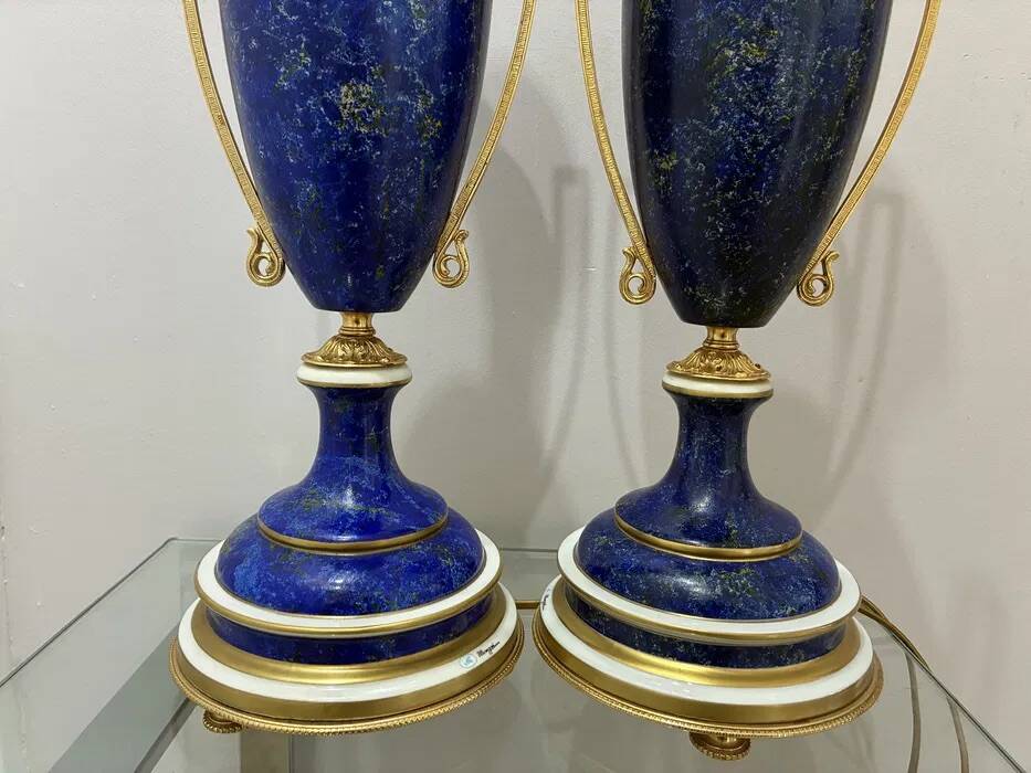 Giulia Mangani Table Lamps — Cobalt Porcelain & Brass, Pair 1990s