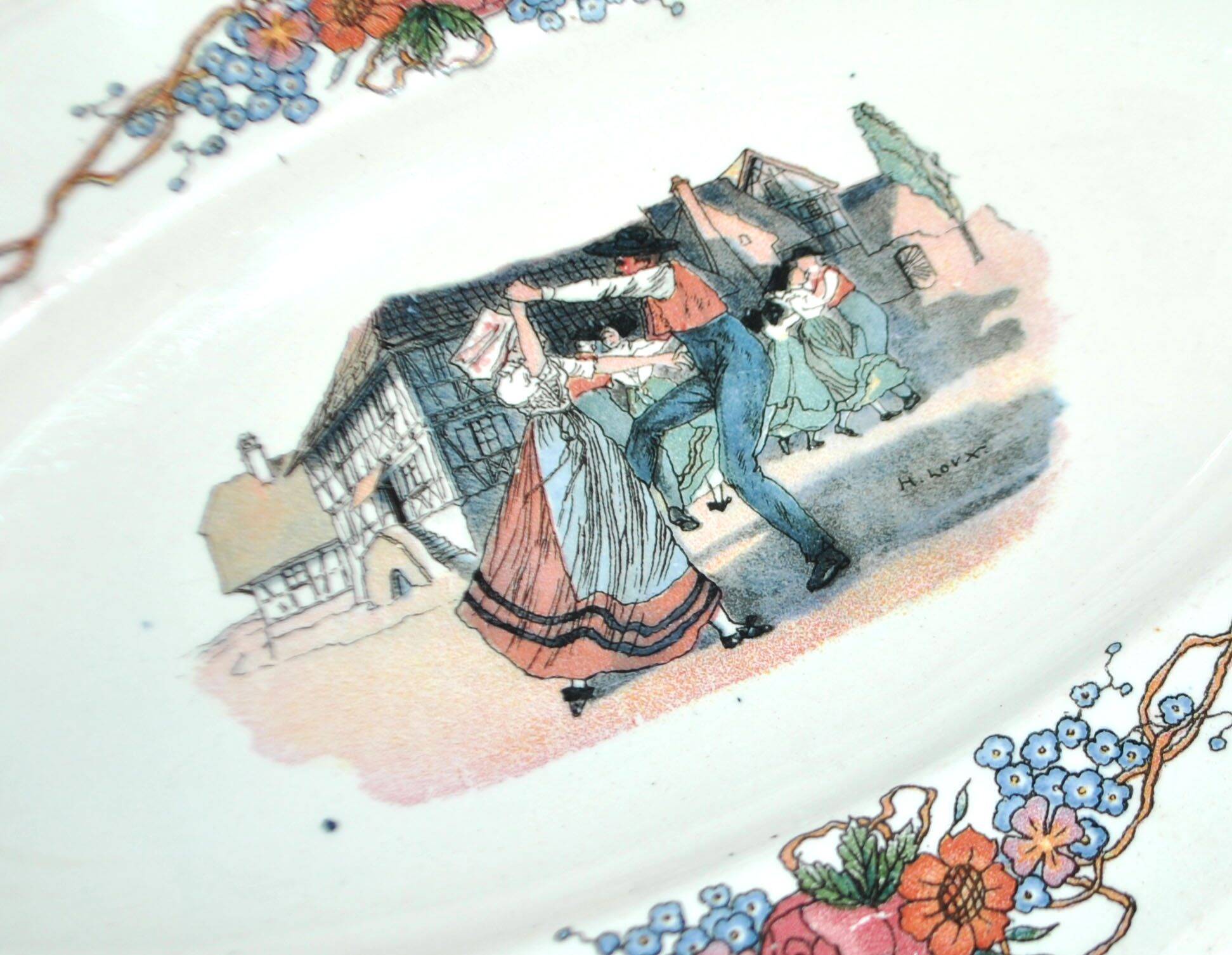 Sarreguemines sauce boat and dish in earthenware with "Obernai" decoration by Henri Loux