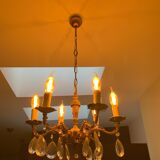 Lustre ancien 6 branches en bronze avec pampilles en cristal