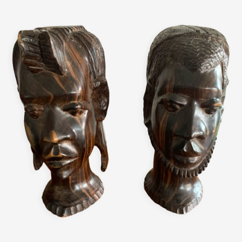 Pair of African busts in ebony from Madagascar, year 30