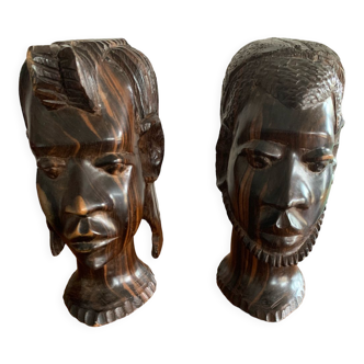 Pair of African busts in ebony from Madagascar, year 30