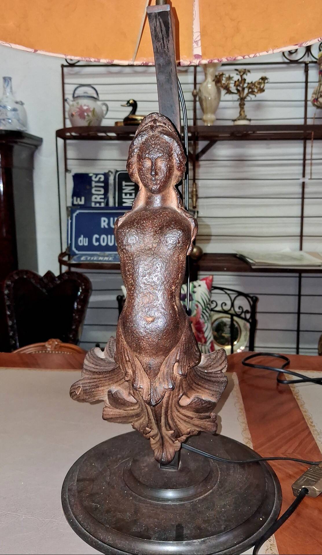 Large Art Nouveau Lamp with Female Figure in Patinated Cast Iron Early 20th Century