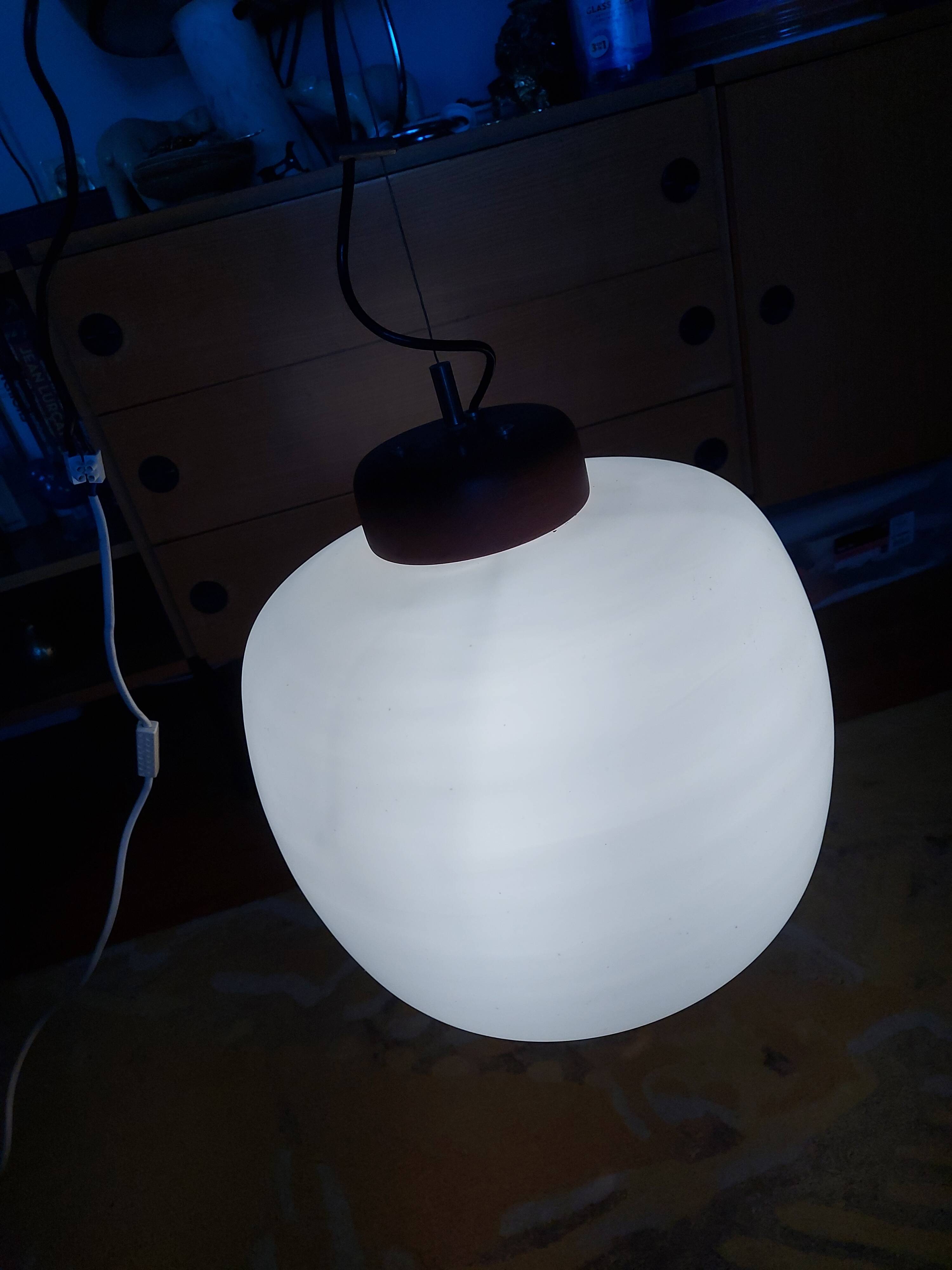 50's, 60'S design pendant lamp in opaline and teak by Goffredo Reggiani.