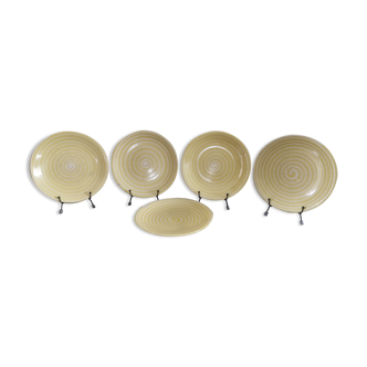 Lot de 5 anciennes assiettes plates Longchamp jaune soleil