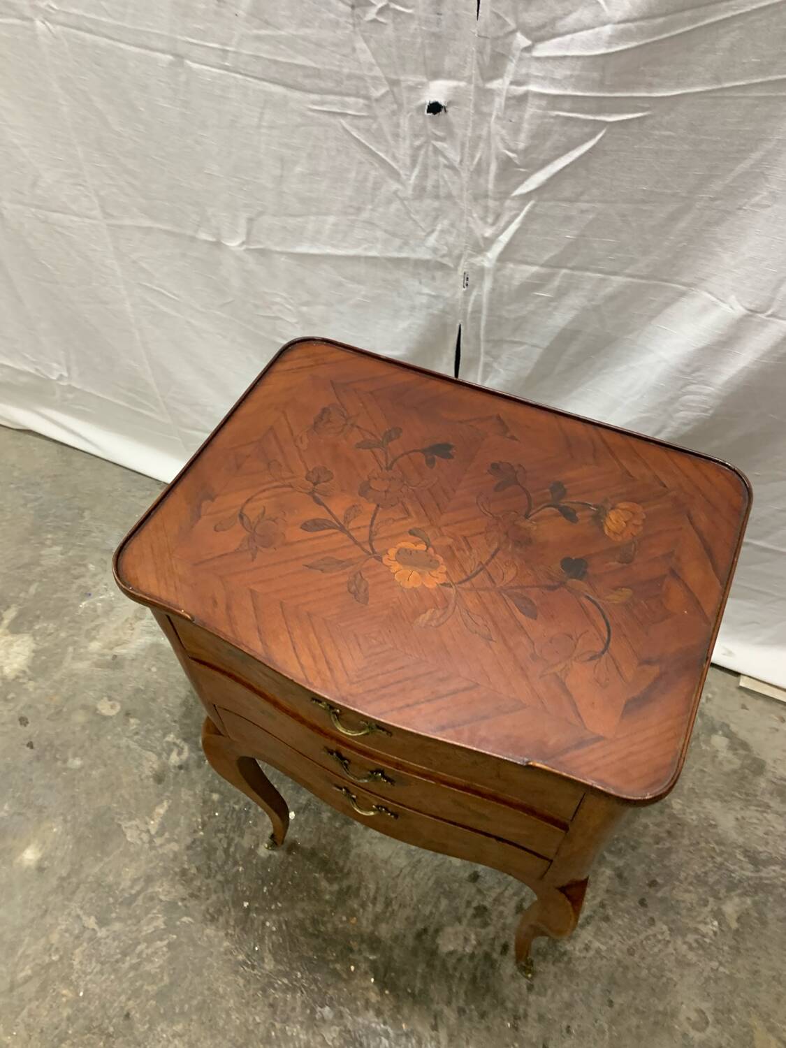 Louis XV style marquetry bedside table with floral flower
