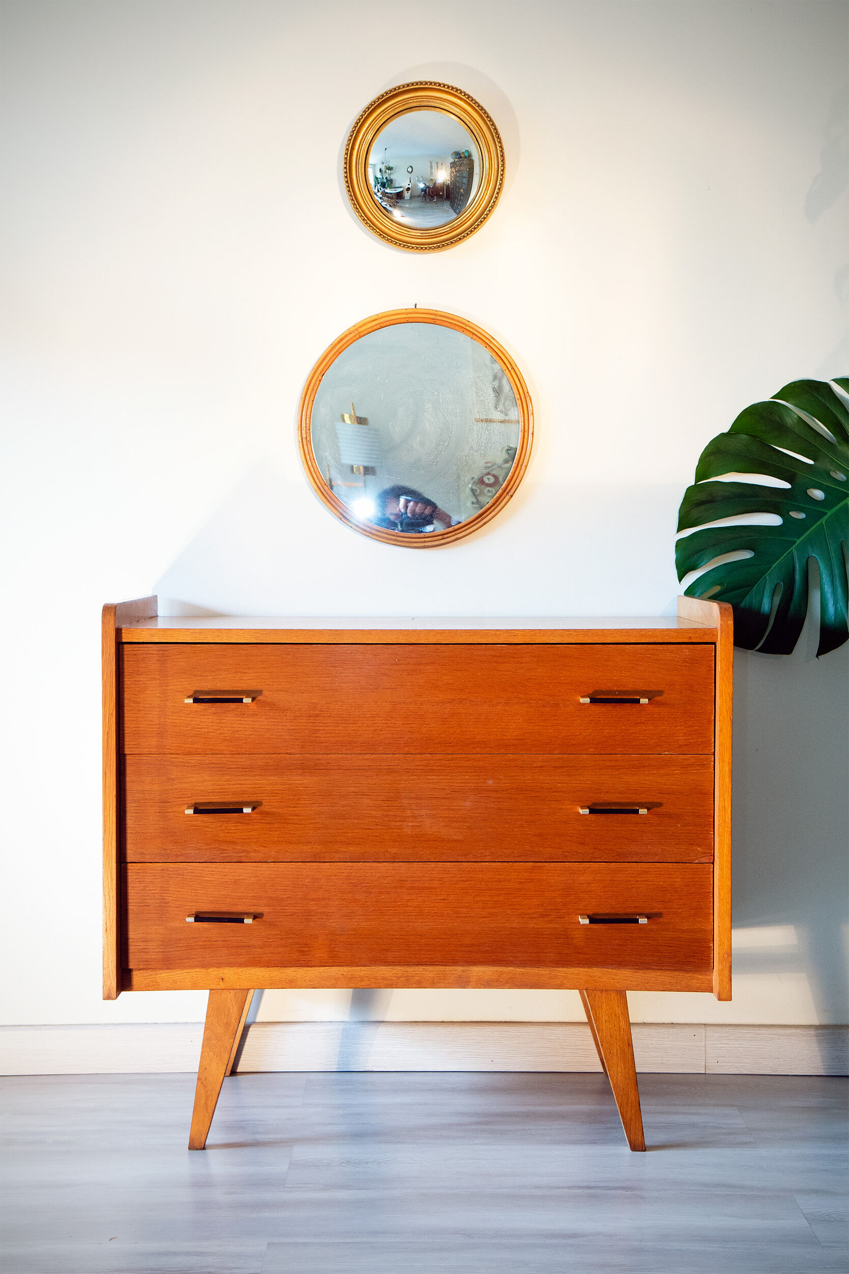 Chest of drawers year 60-70, compass foot, blond oak