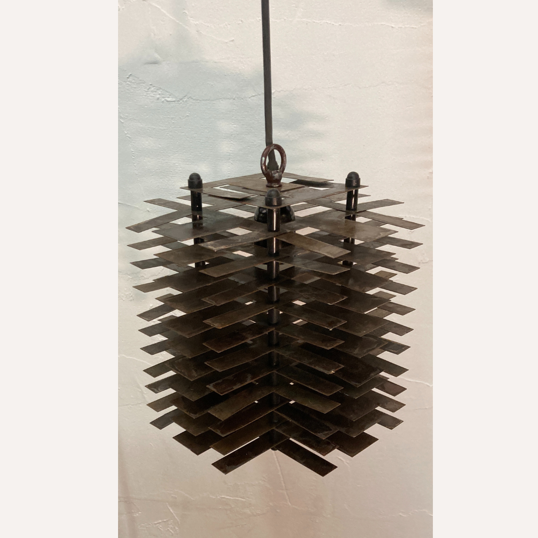Pair modernist brutalist copper metal architectural hanging lamps, France