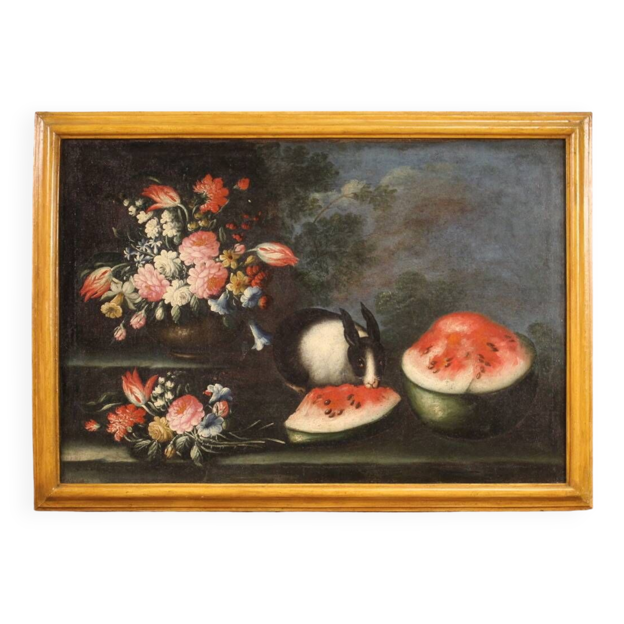 Antique Painting Still Life With Flowers And Fruit From The 18th Century