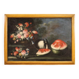 Antique Painting Still Life With Flowers And Fruit From The 18th Century