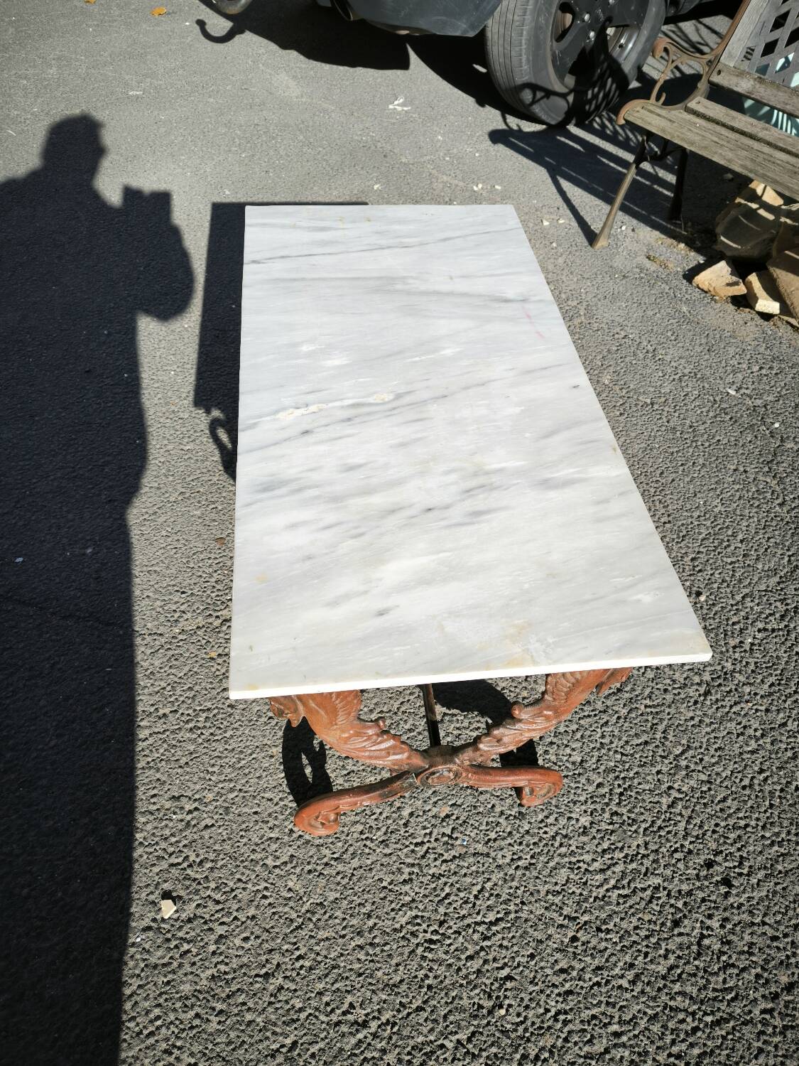 Cast iron and marble swan-neck coffee table