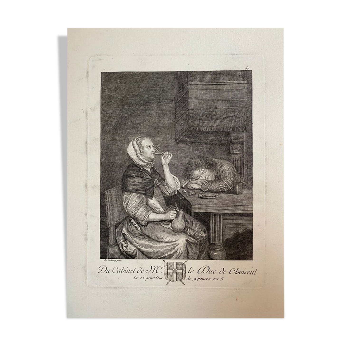 Gérard Ter Broch, Genre scene the two drinkers, engraving seventeenth century