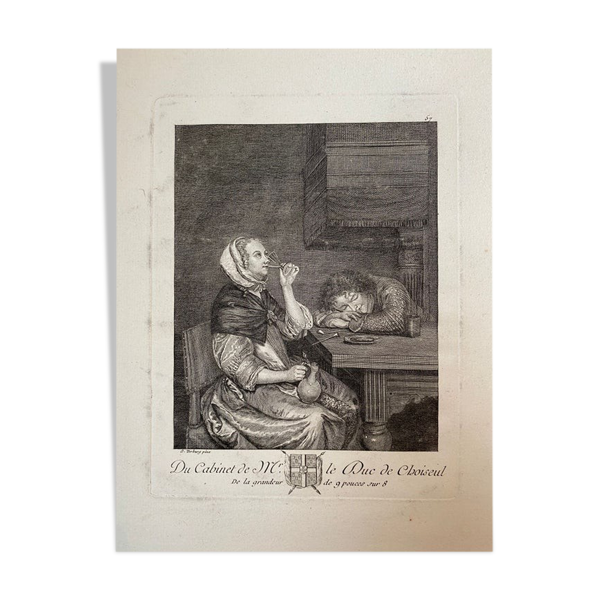 Gérard ter broch, scène de genre les deux buveurs, gravure xviième siècle