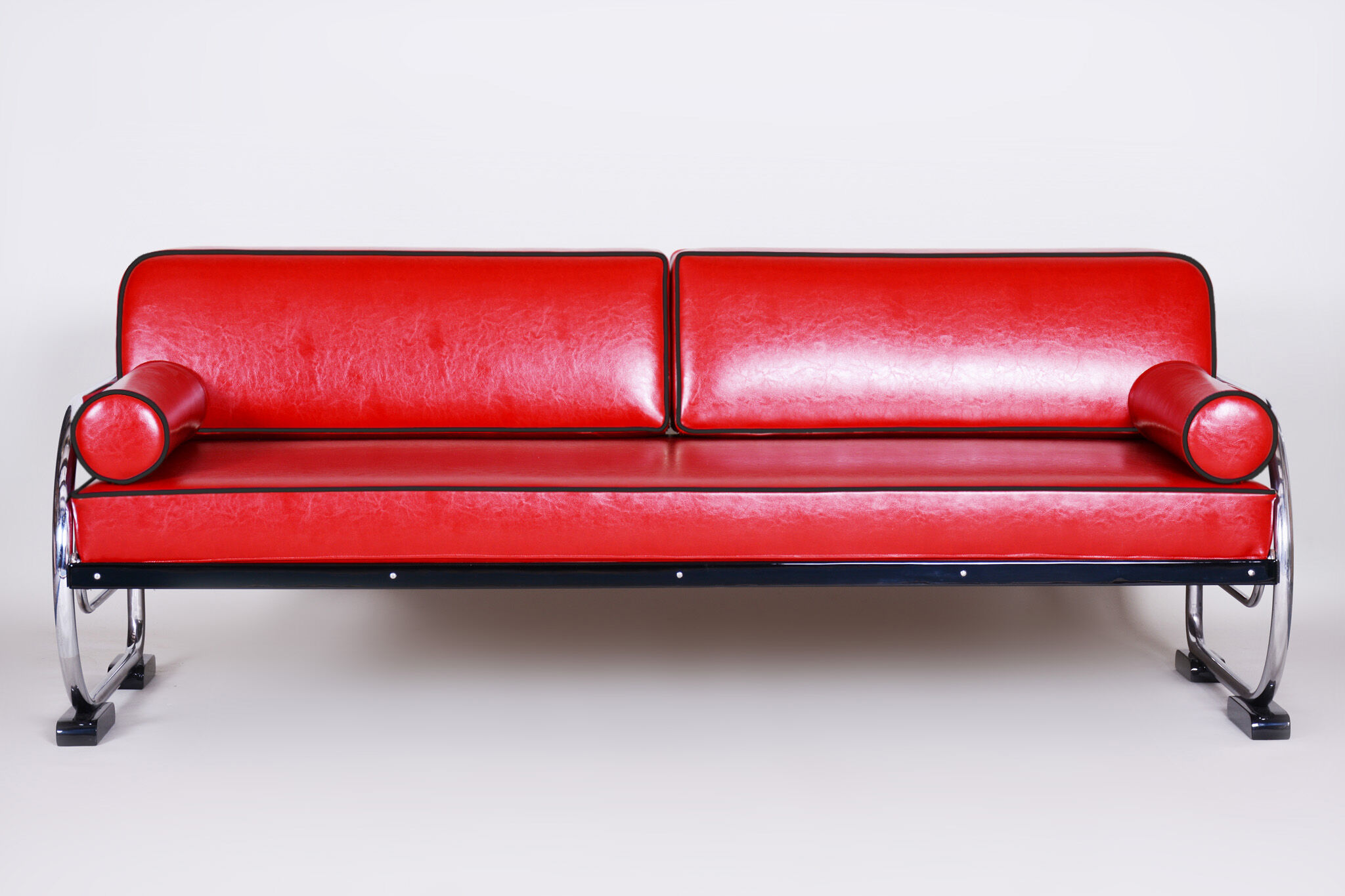 Red Slezak leather sofa made in 1930s Czechia
