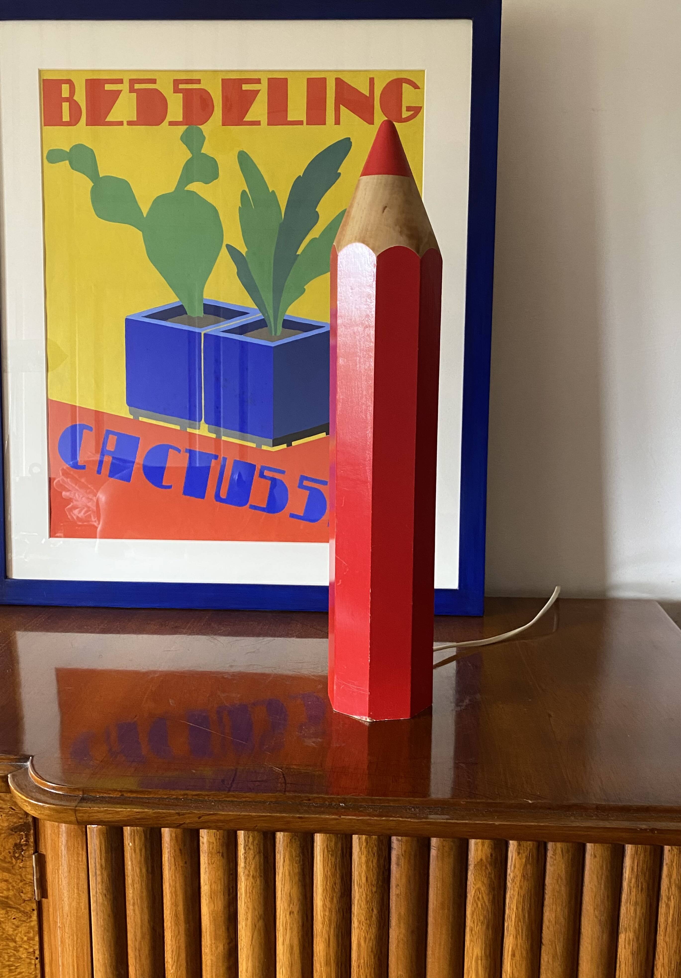 Pierre Sala, postmodern red Pencil table lamp, Ed. Vilac France 1980s