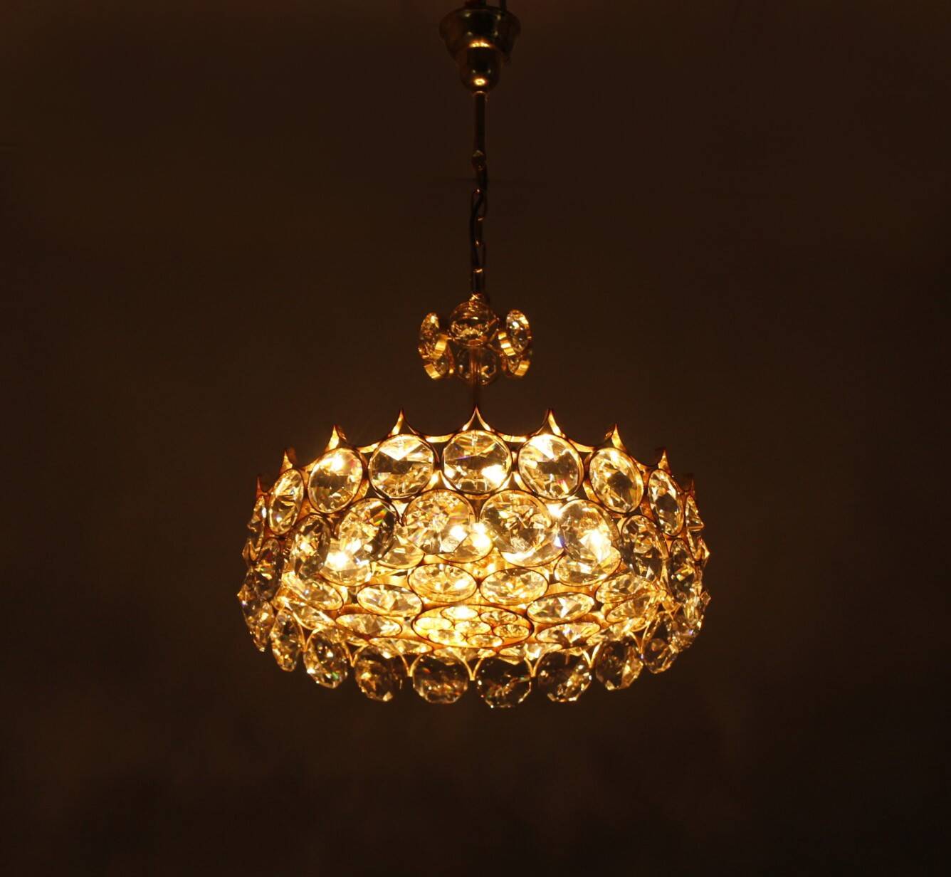 1970s Palwa Chandelier, gold plate and faceted crystals