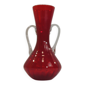 Vintage red glass vase with handles – Murano style – 1970s – Decorated