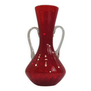 Vase vintage en verre rouge à anses style Murano, années 1970