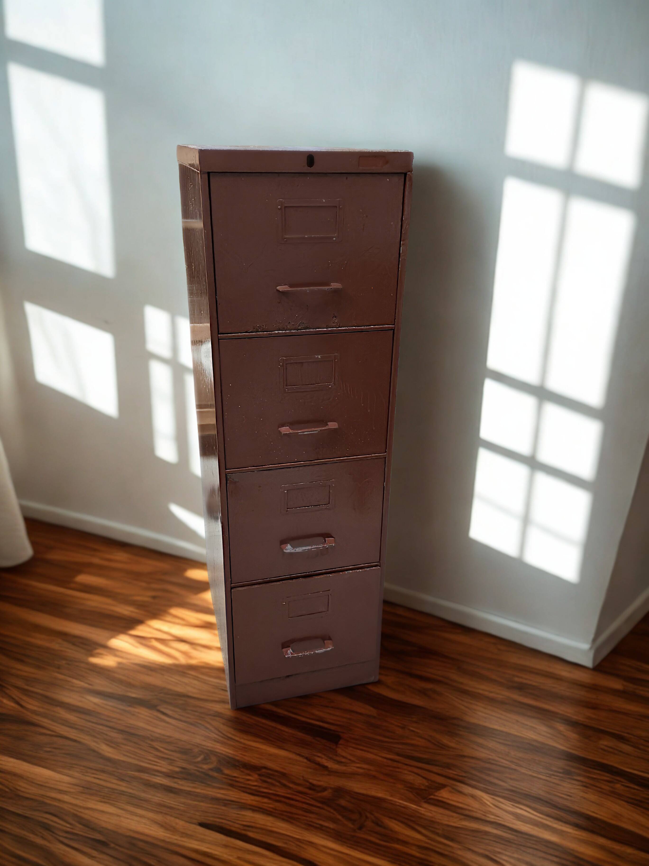Industrial metal office cabinet in burgundy – 4 drawers – 1950s