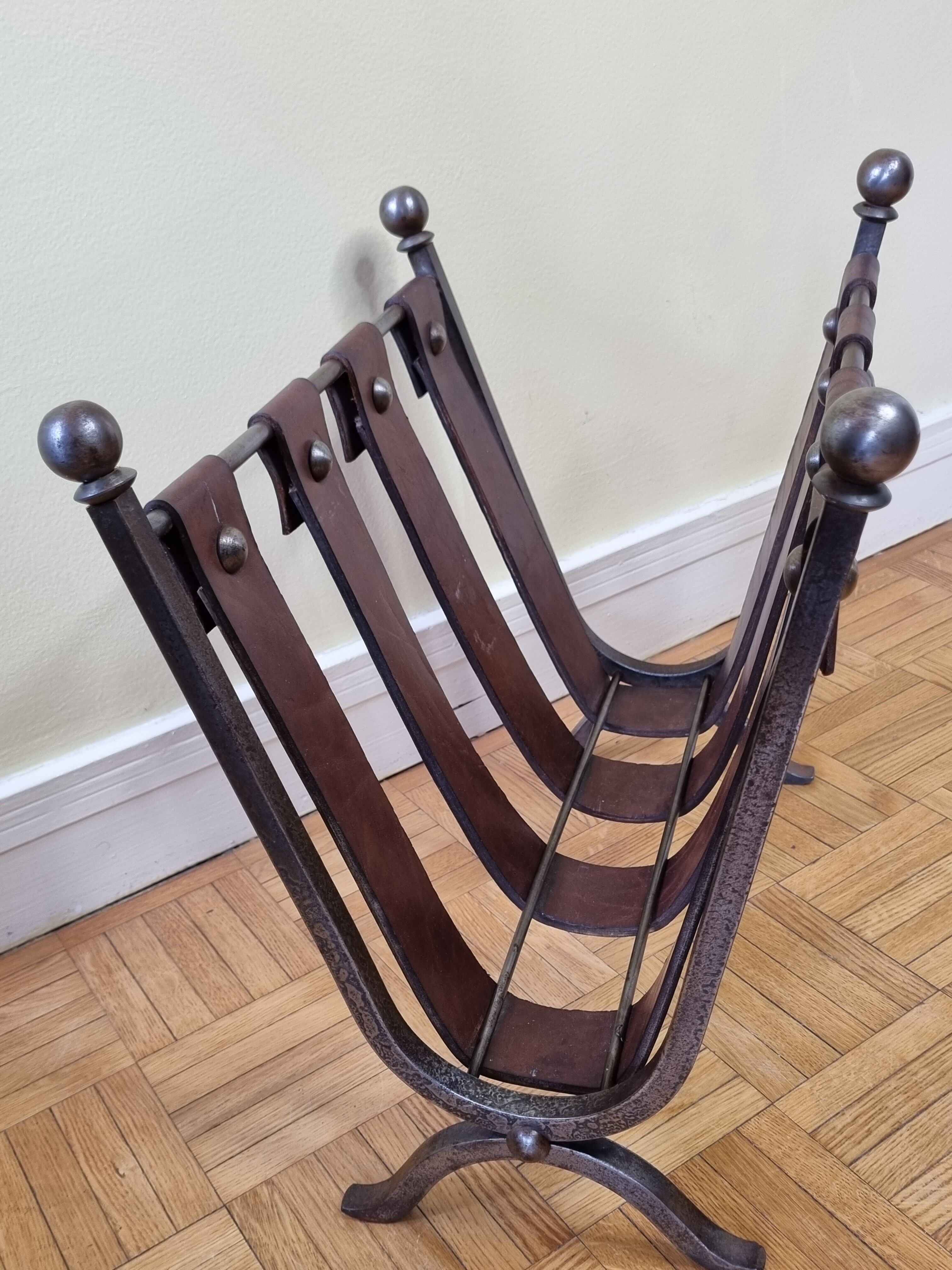 Magazine door in leather and forged metal, brutalist, 50s