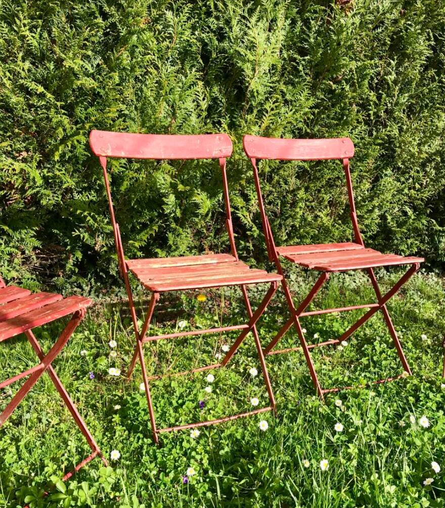 set of 4 folding iron and wood garden chairs early twentieth century