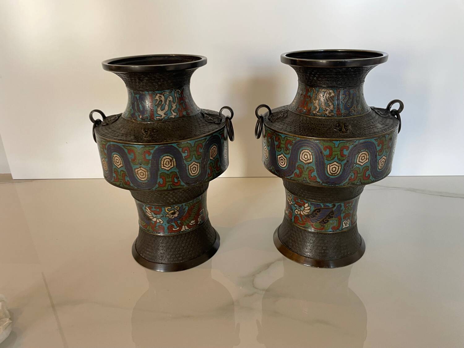 Pair of antique cloisonné bronze vases, China or Japan circa 1900-1930.