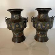 Pair of antique cloisonné bronze vases, China or Japan circa 1900-1930.