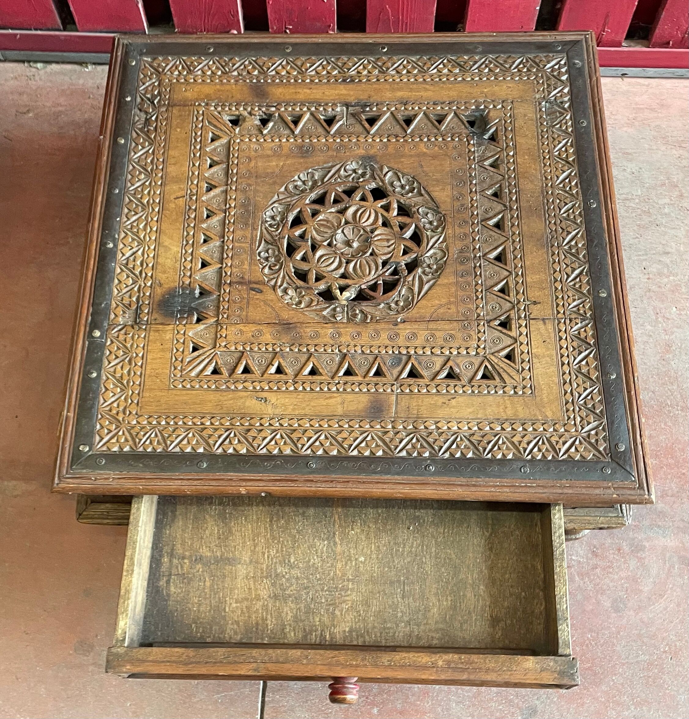 Solid teak wood coffee table carved by hand, India