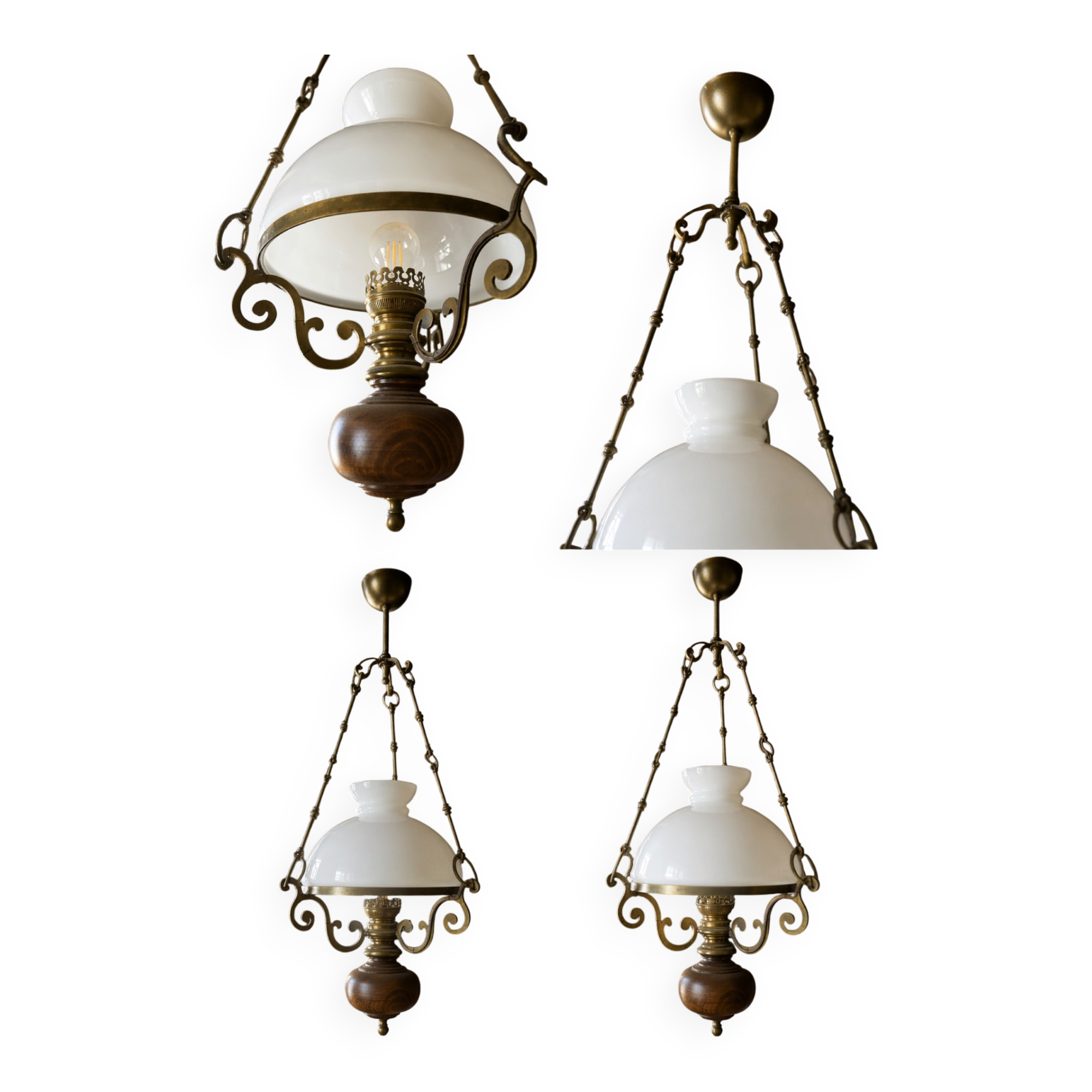 Antique Napoleon III suspension in brass, wood, and opaline glass.