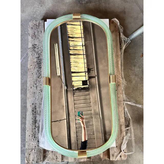 Italian Mirror in Green Water Torchon Torciglione Murano Glass by Simoeng