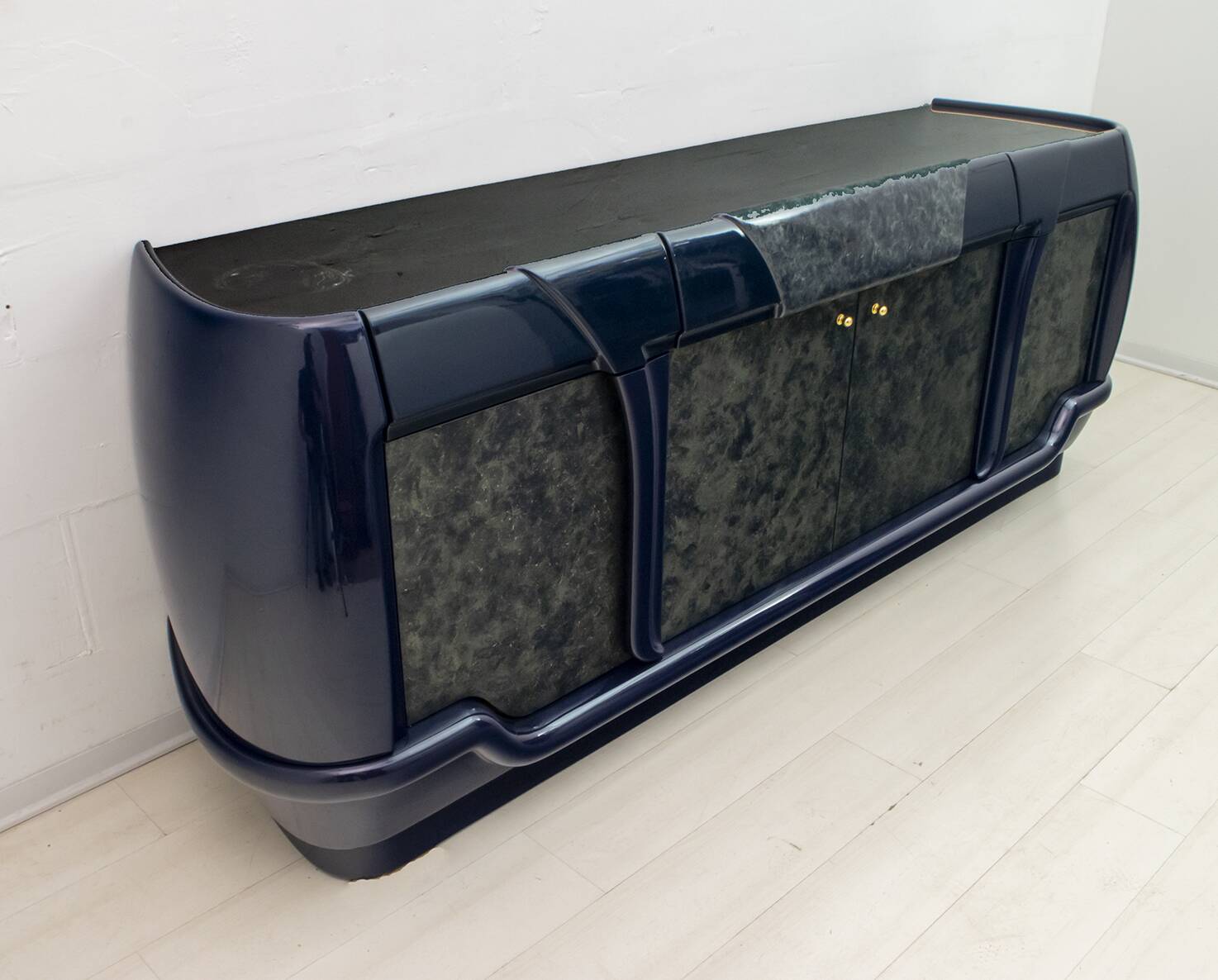 Postmodern Blue Lacquer and Black Marble Sideboard by DBM, Italy, 1980s