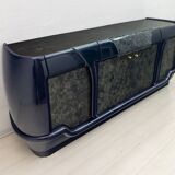 Postmodern Blue Lacquer and Black Marble Sideboard by DBM, Italy, 1980s