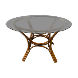 Rattan dining table and vintage glass top