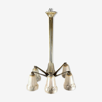 Lustre d'époque art deco 6 tulipes de degue monture en bronze