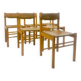 Ensemble de 6 chaises en bois et cuir, Italie, années 1960