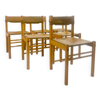 Set of 6 wooden and leather chairs, Italy, 1960s