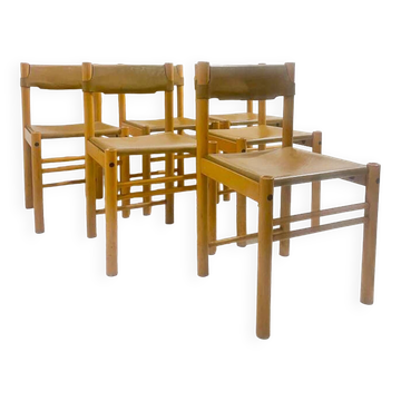 Set of 6 wooden and leather chairs, Italy, 1960s