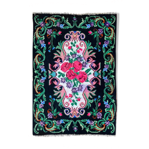 Moldavian handmade rug floral wool carpet, black and white with colorful flowers