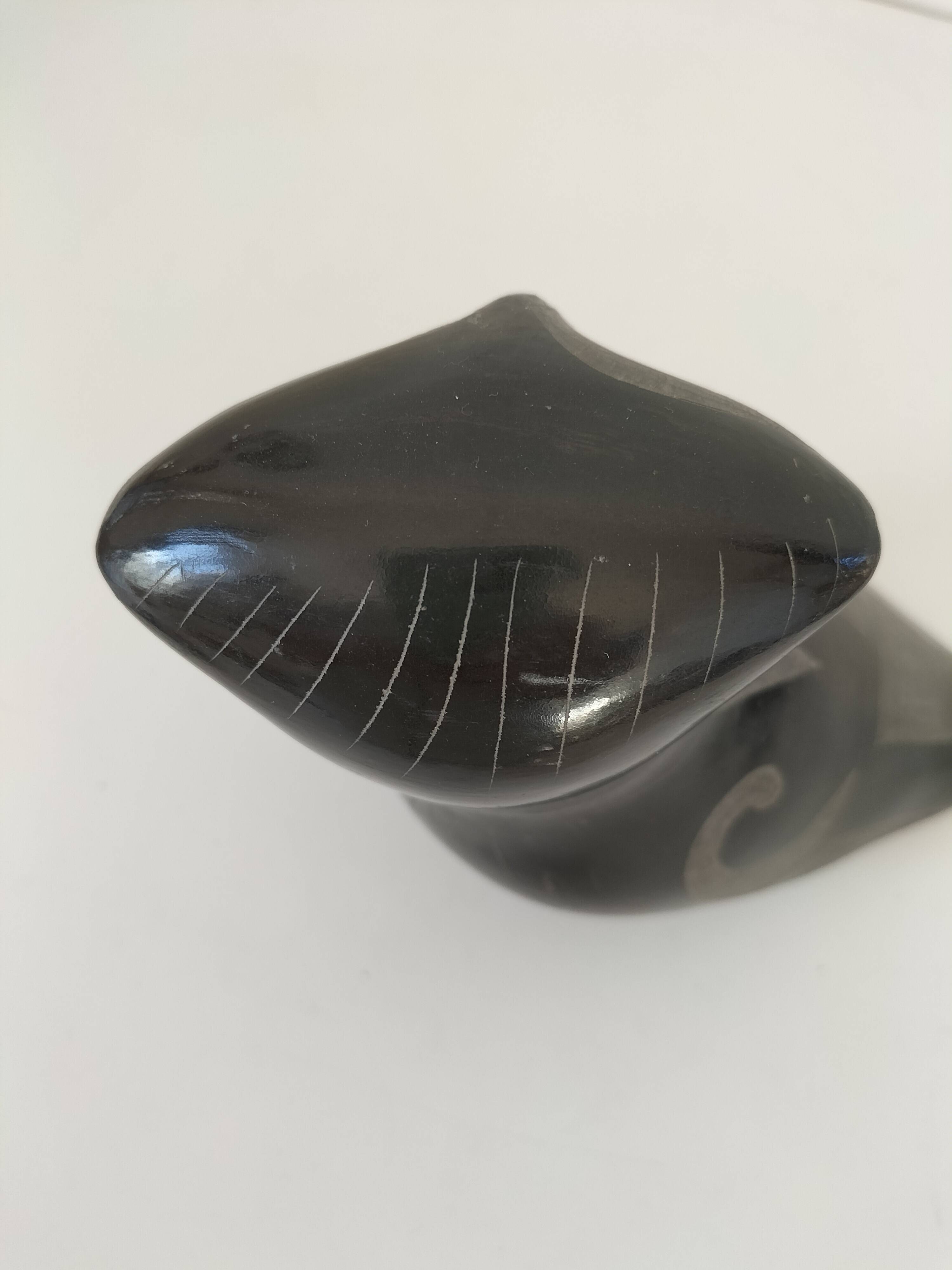 Engraved black ceramic owl signed Mexico