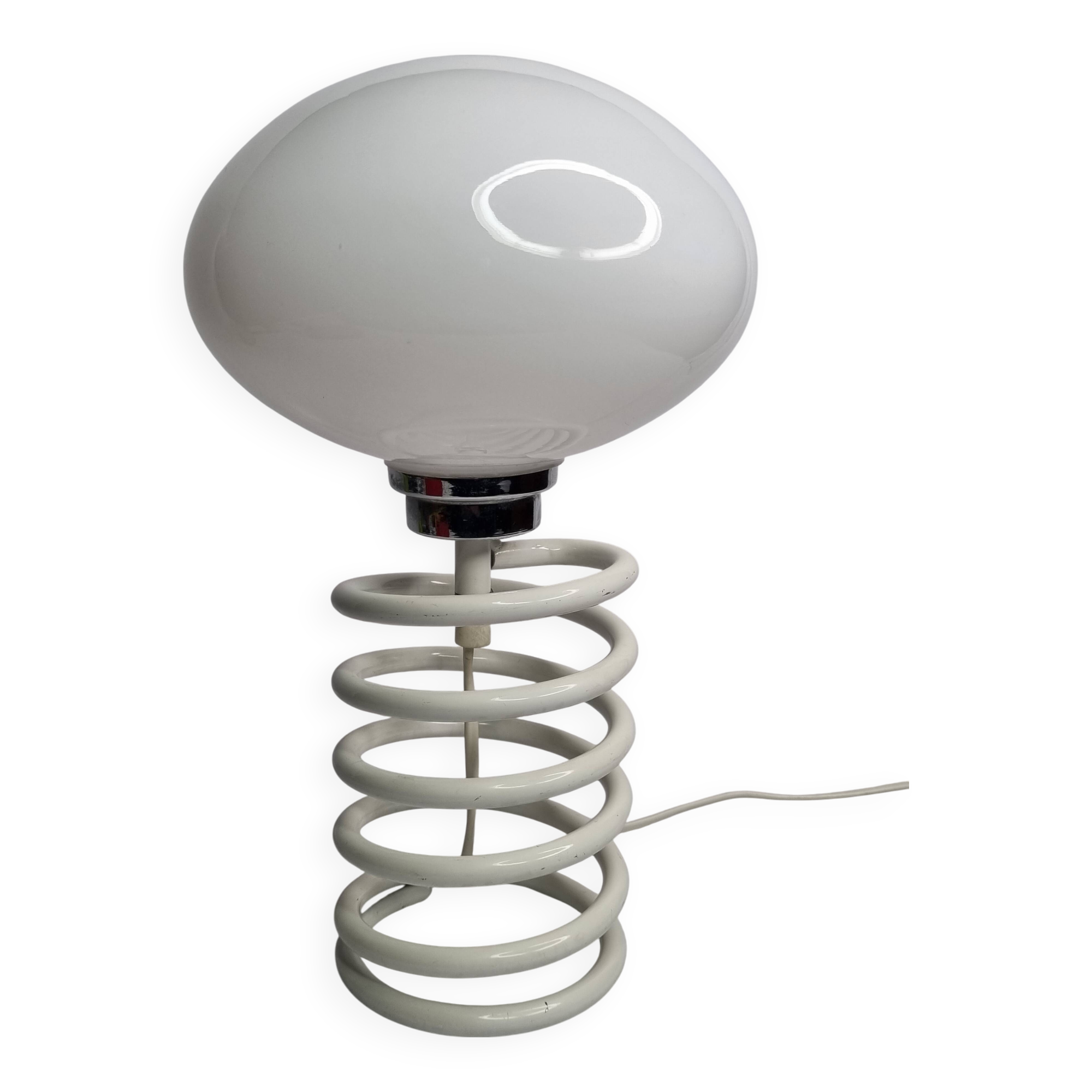Vintage table lamp with spring base, opaline globe, Maurer style, 80s