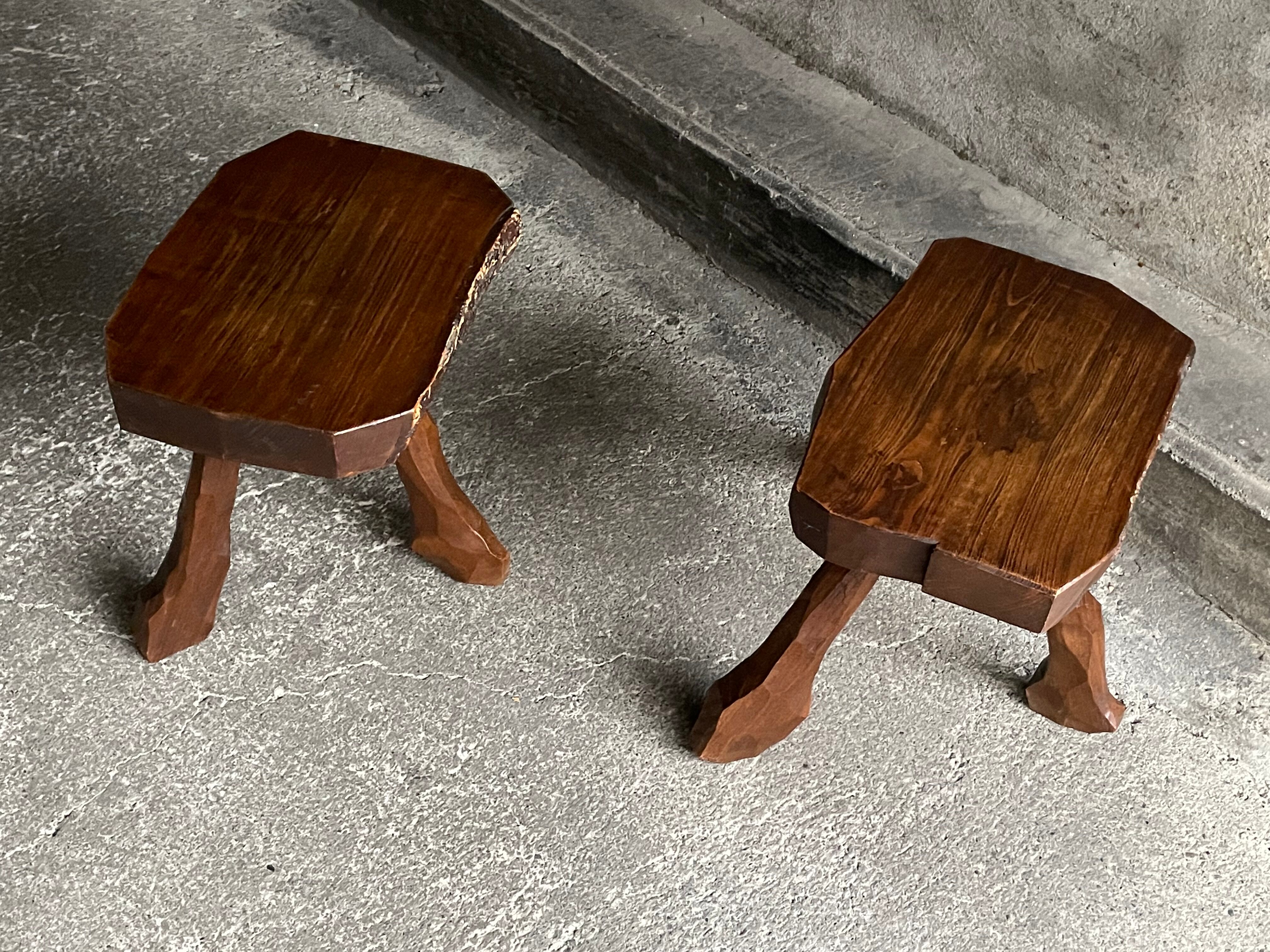 Pair of tripod stools in solid oak, France 1940s