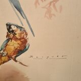 Lithograph birds signed 1996 in beautiful frame in magnifying glass 82xx50