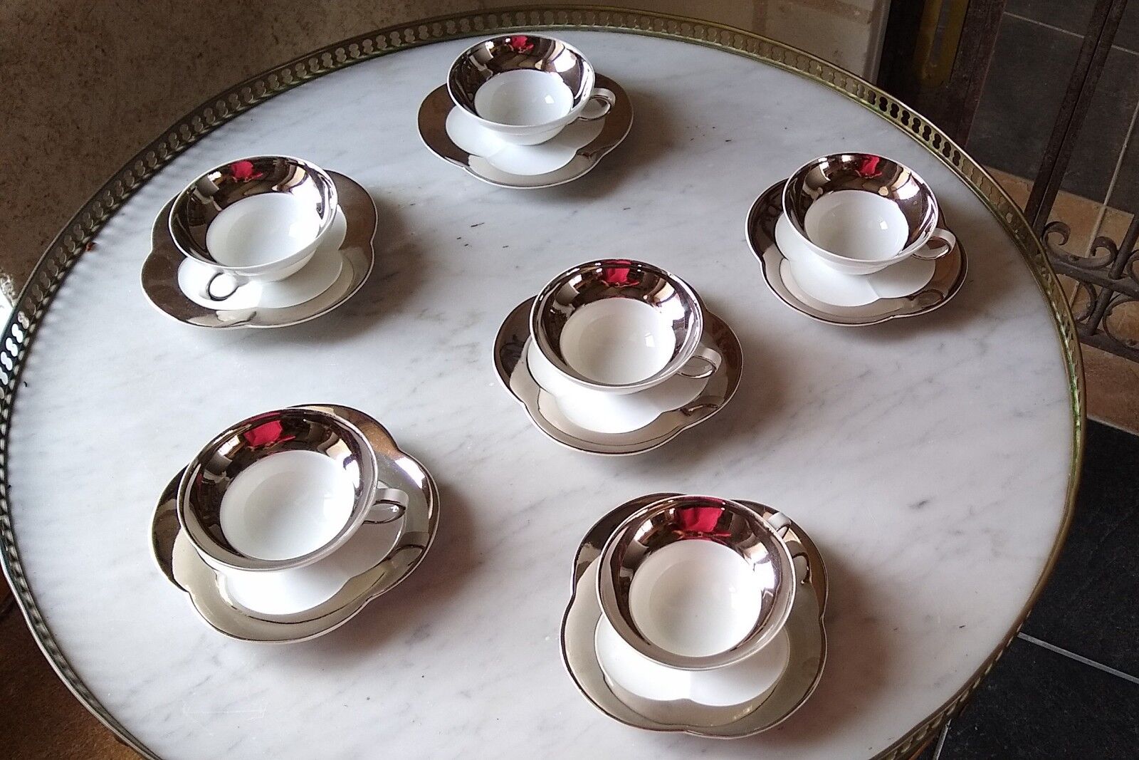 6 tea cups in fine porcelain Epiag white and gray moiré steel