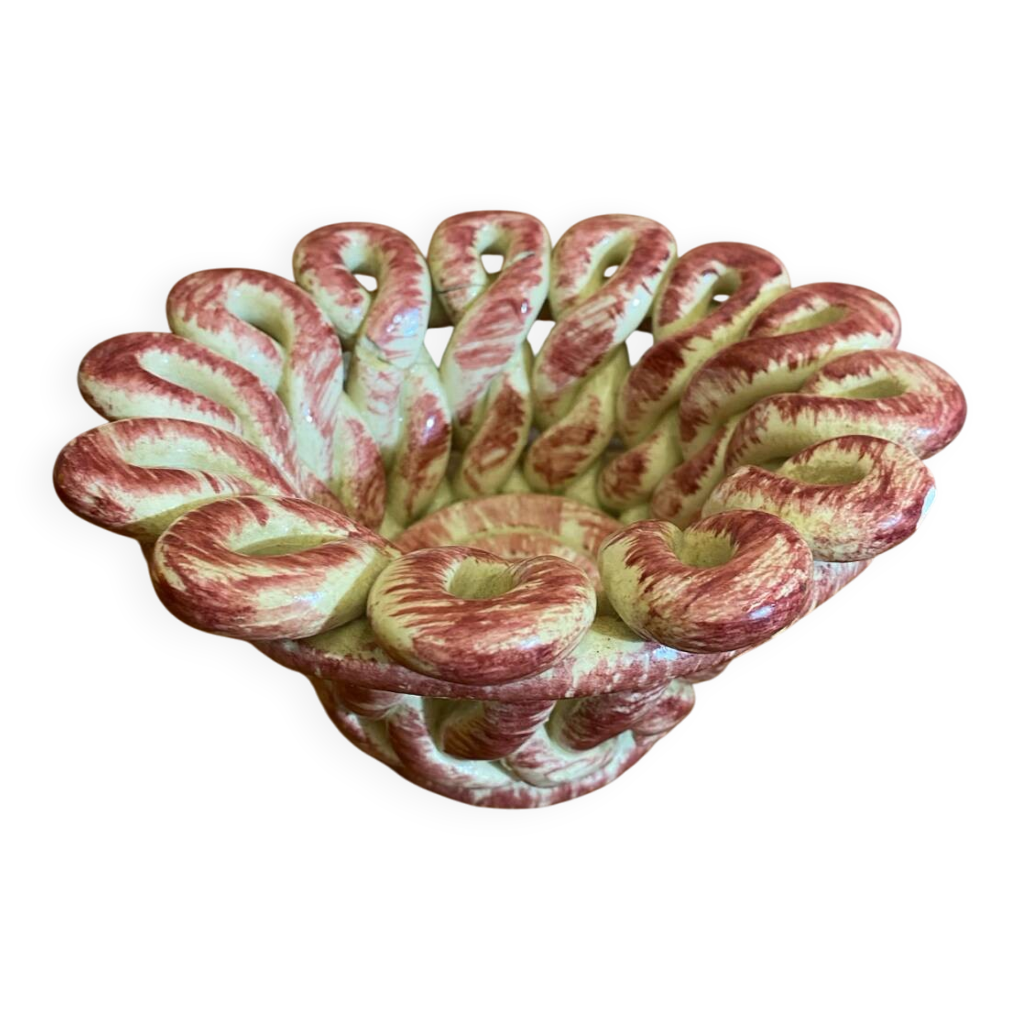 Antique White & Pink Openwork Braided Ceramic Barbotine Cup Vintage