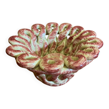 Antique White & Pink Openwork Braided Ceramic Barbotine Cup Vintage