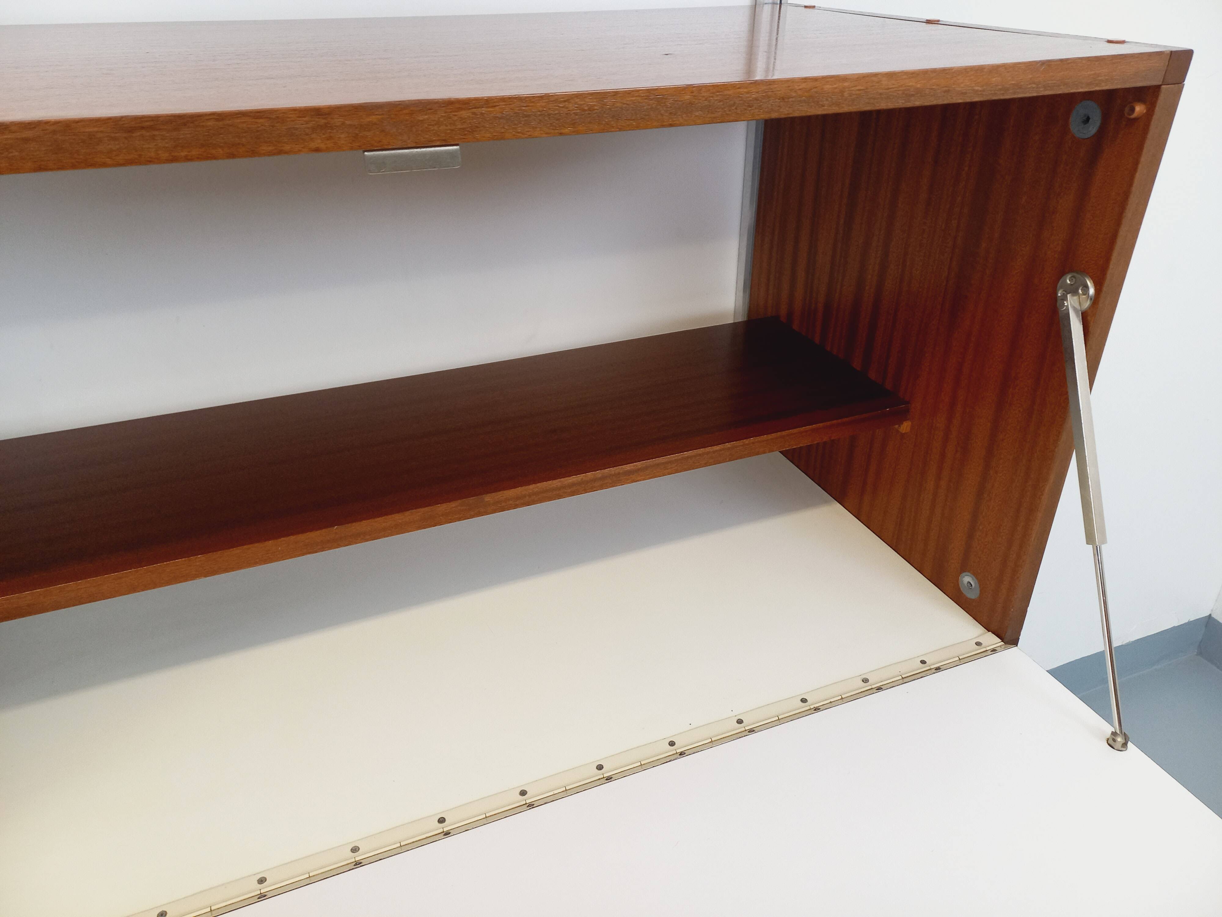 Wall shelf library with vintage ARP Minvielle secretary bar