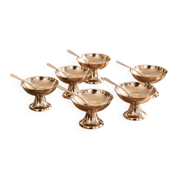 Vintage service of 6 dessert bowls in silver-plated metal with spoons – footed ice cream bowls.