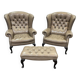 Pair of high-backed Chesterfield armchairs with 1 leather footrest