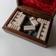 Vintage marble chess set from the 1970s, green and beige stone board, heavy design, geometric pieces, sculptural tabletop game, gift idea.