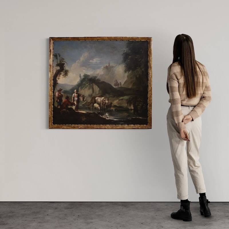 Great 18th century Italian painting, landscape with genre scene