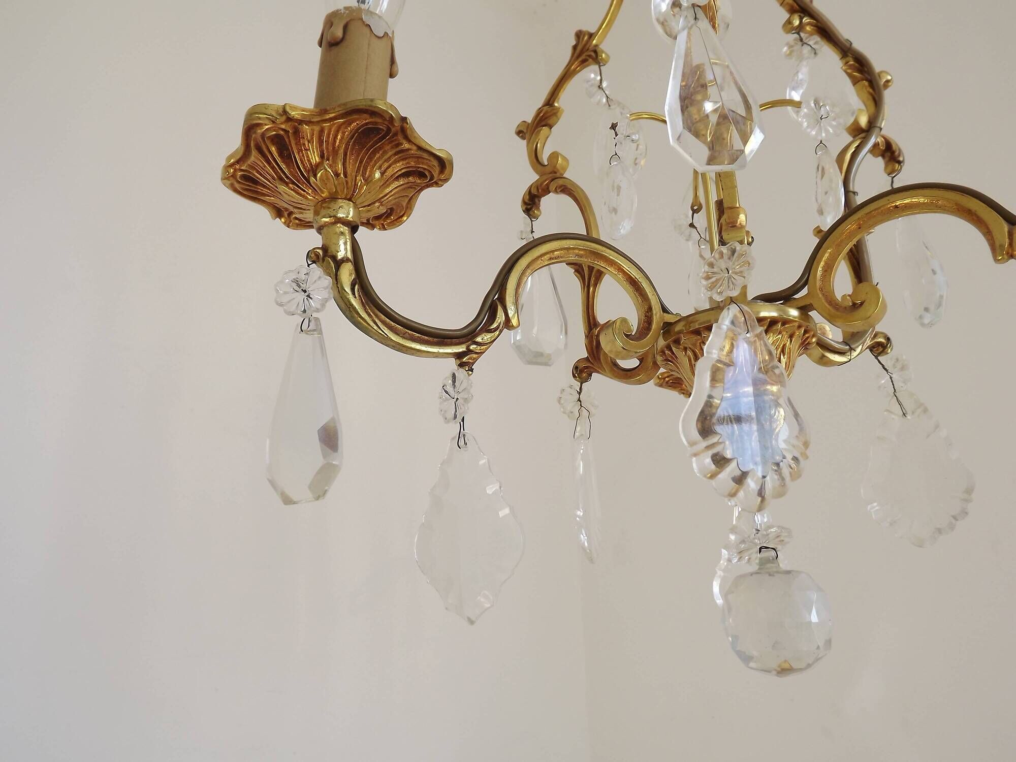 French Vintage Brass Mid Century 3 Light 3 Sided Crystal Cage Chandelier
